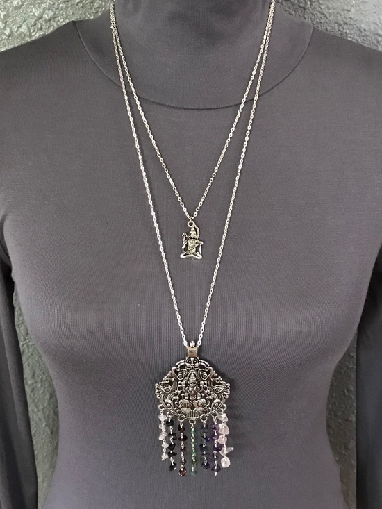 Hand Crafted Jewelry - Dancing Shiva Handmade 2-Layer Boho Hindu Silver Necklace Rainbow Chakra Stones